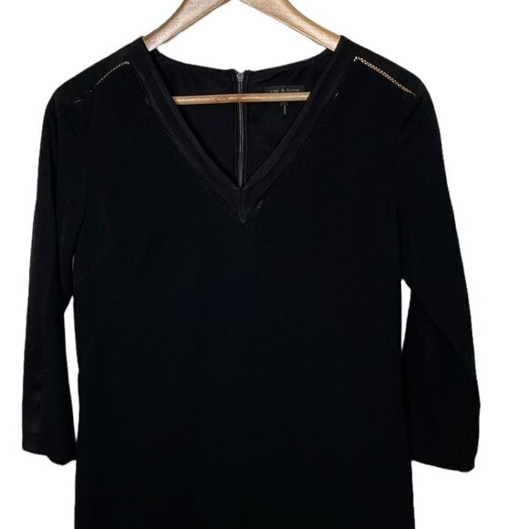Rag & Bone Black 3/4 Sleeve V Neck Sheath Dress with Lasercut Lines Detail - 2 - Picture 2 of 14